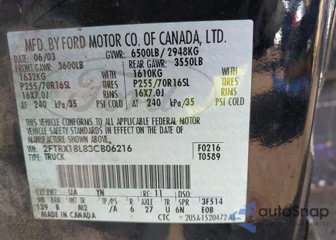 2003 Ford F-150 Lariat/Xl/Xlt from USA, damaged, VIN 2FTRX18L83CB06216